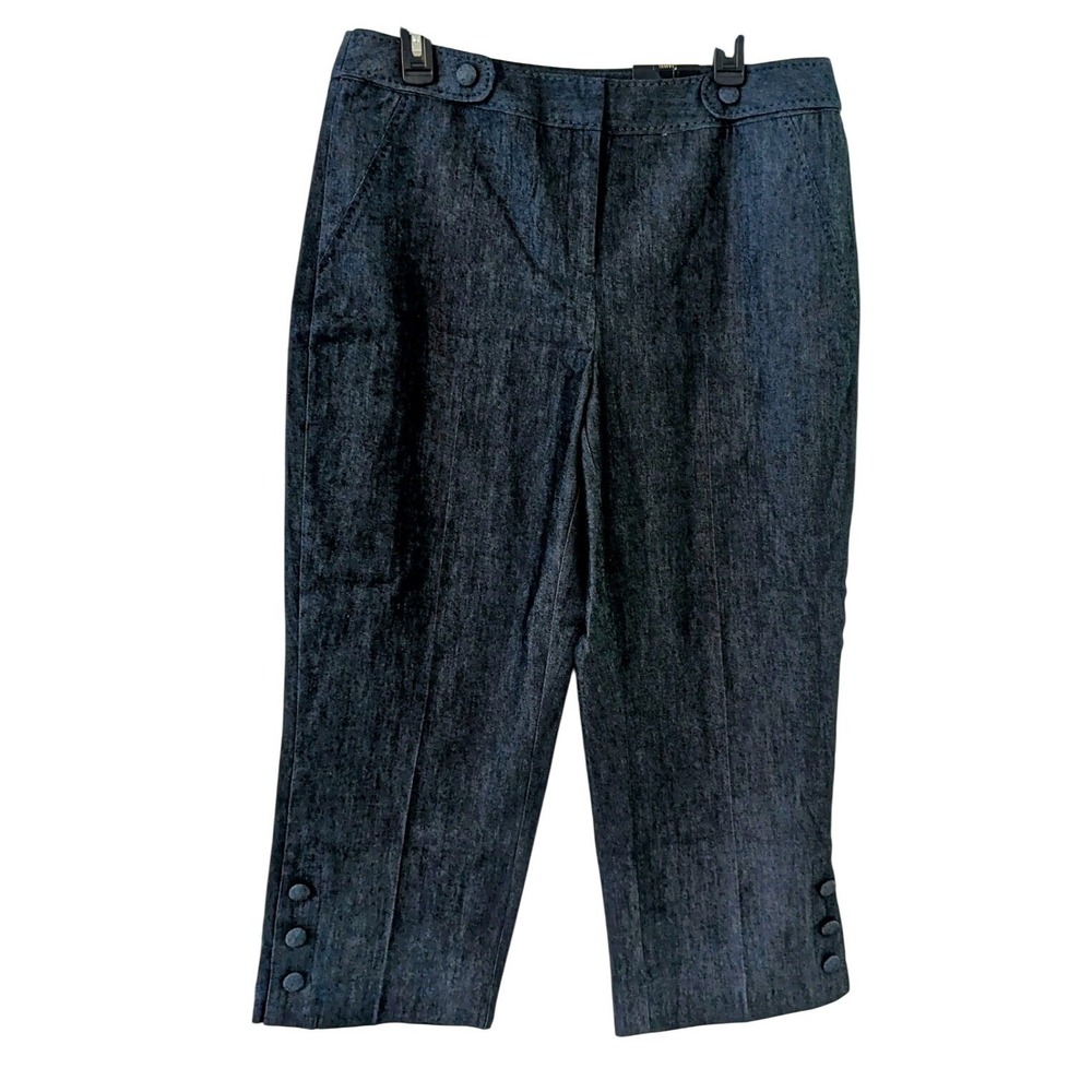 Cropped Trouser Pants Denim Style Dress Button Accents Dark‎ Wash Size 14 NWT